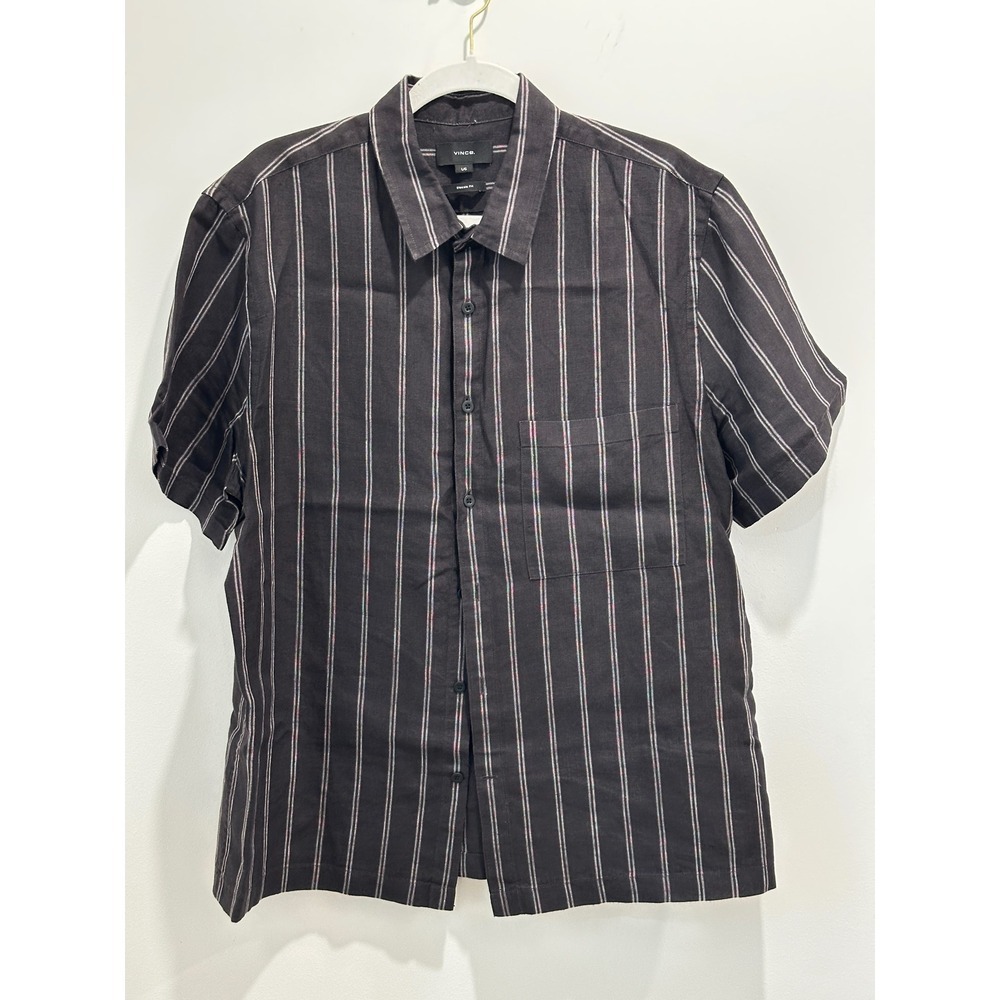 Vince Mens Black Striped 100% Hemp Short Sleeve Button Down Shirt Classic Fit L